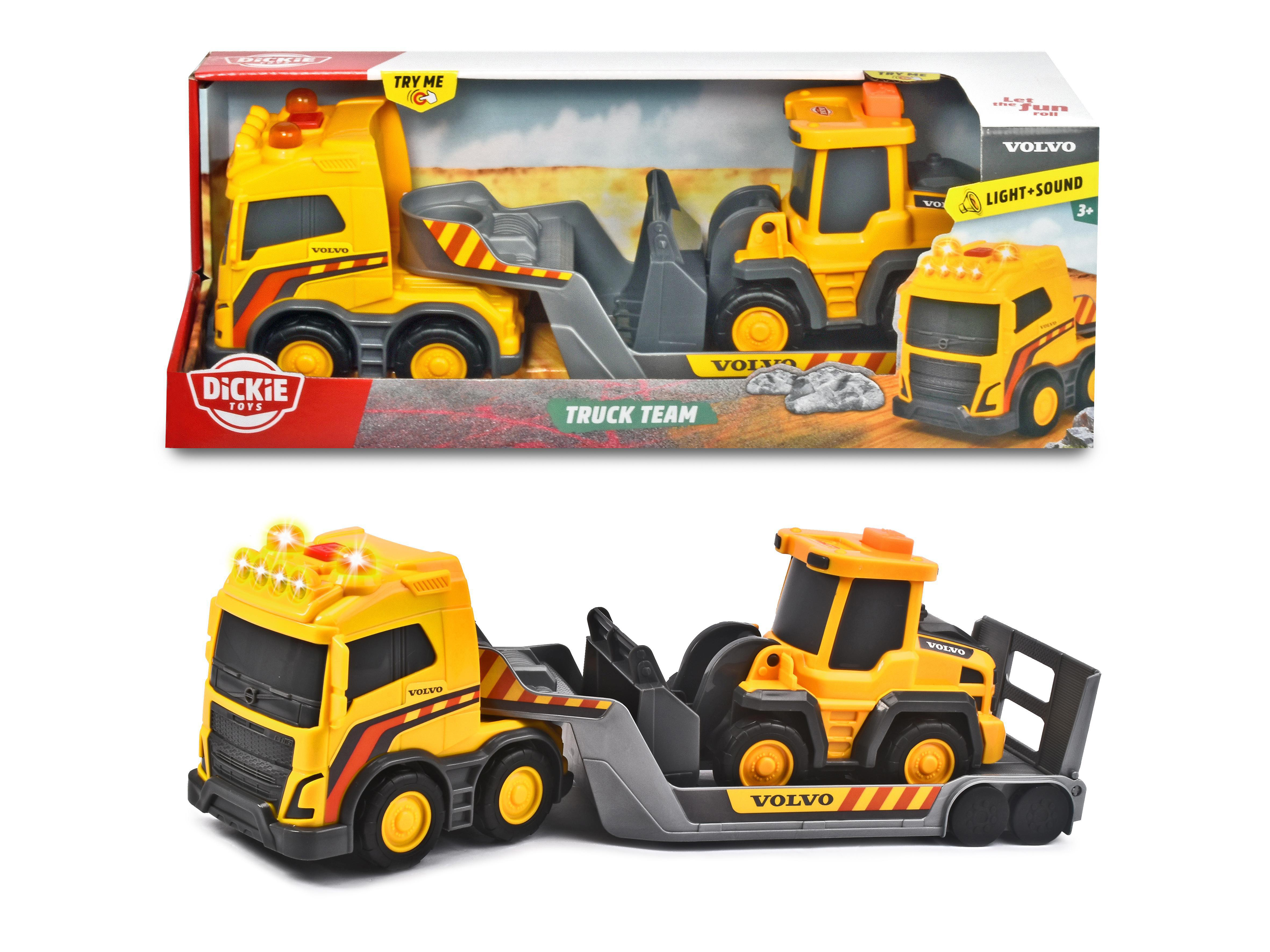 DICKIE-TOYS Volvo Truck Team, Truck Anhänger Spielzeugauto und Radlader mit Gelb