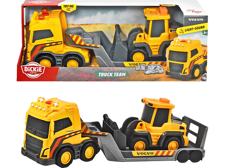 DICKIE-TOYS Volvo Truck Team, Truck Anhänger Spielzeugauto und Radlader mit Gelb
