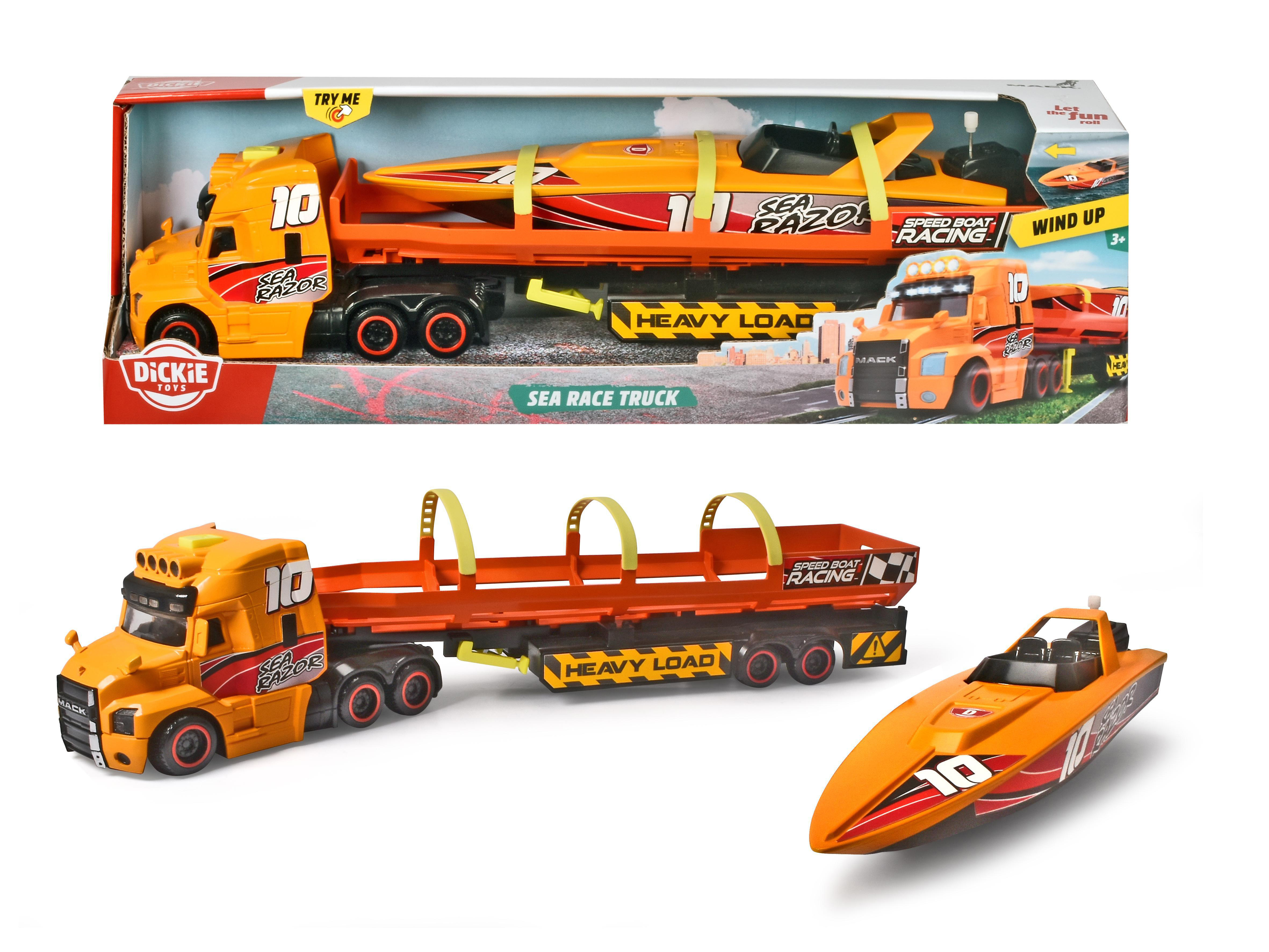 DICKIE-TOYS Sea Race Truck, Mack & Orange Licht Spielzeugboot Aufziehmotor, Truck & Boot mit Sound