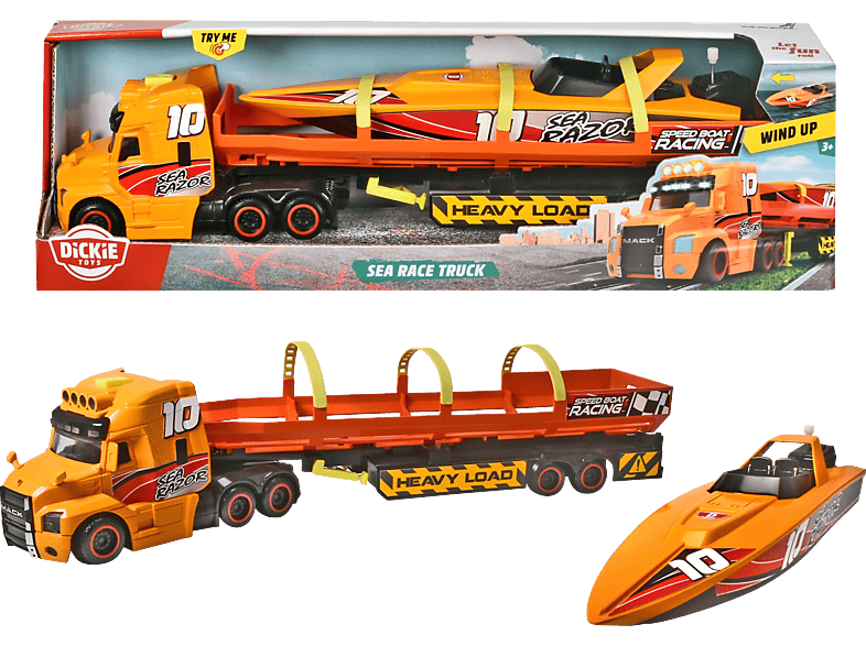 DICKIE-TOYS Sea Race Truck, Mack Truck & Boot mit Aufziehmotor, Licht & Sound Spielzeugboot Orange | Schiffe & Boote