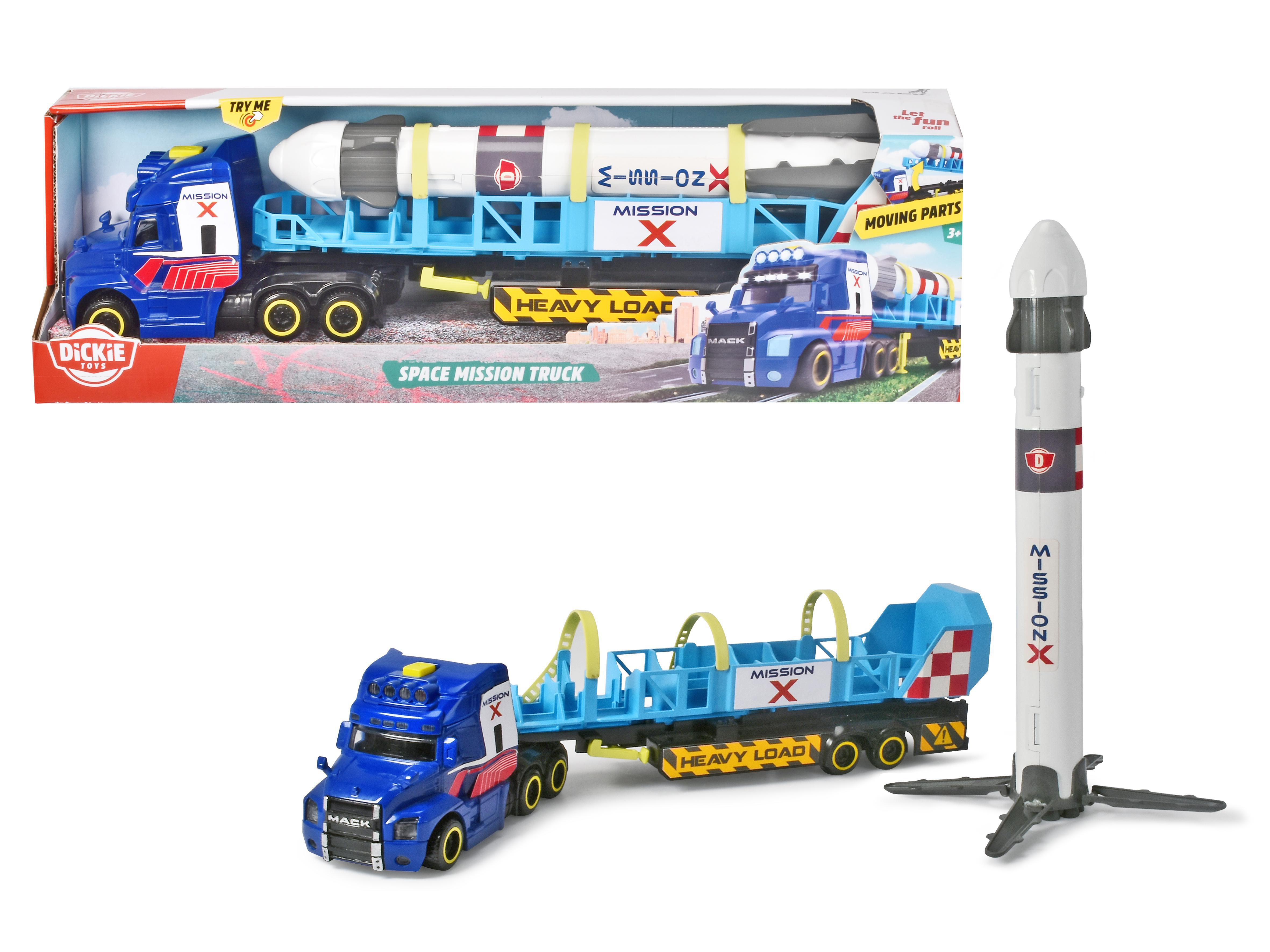DICKIE-TOYS Space Mission Blau Licht Sound Spielzeugauto Mack & inkl. Rakete, Truck