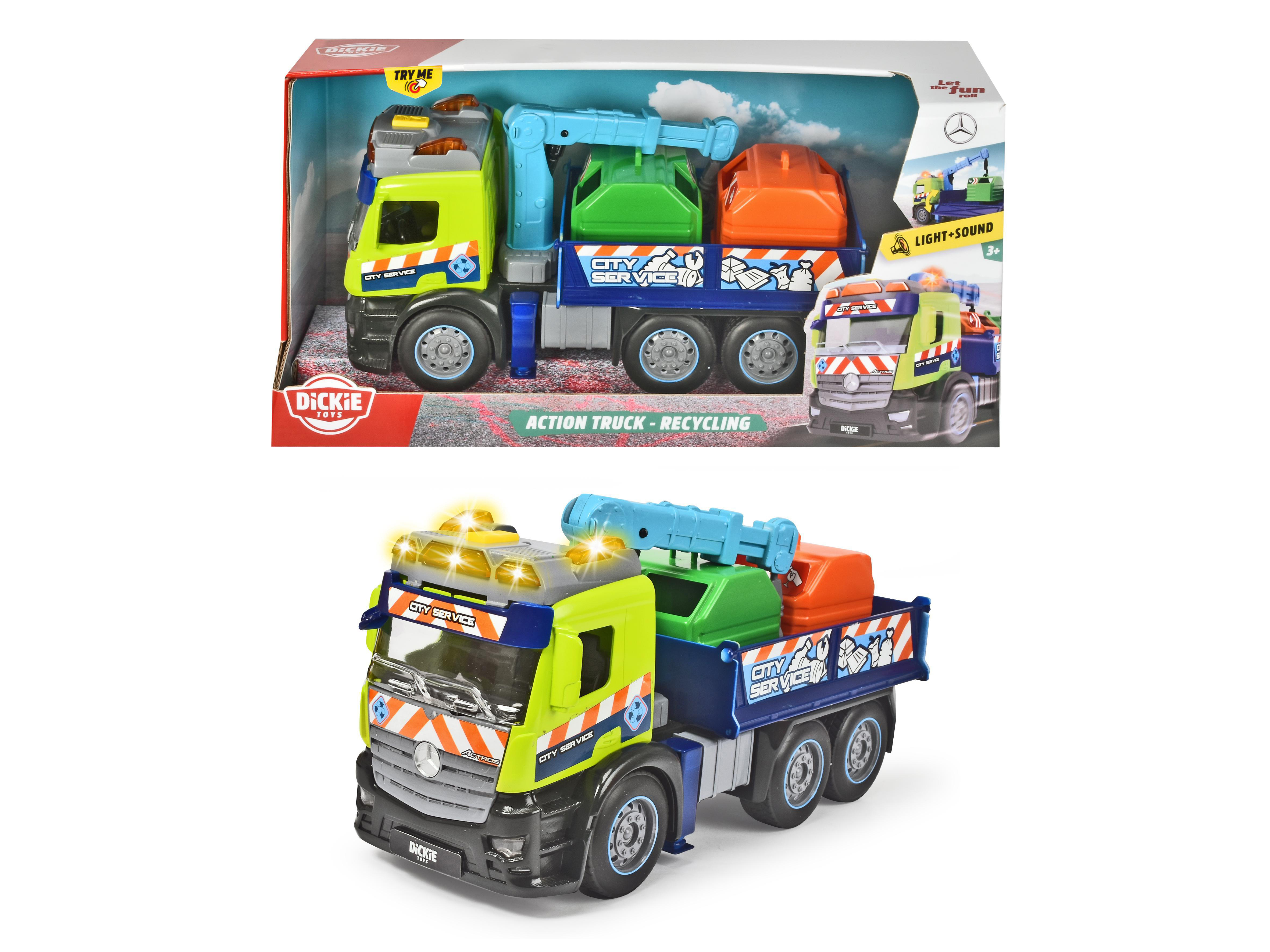 DICKIE-TOYS Mercedes Truck, inkl. Sound Licht Friktion, Container, Spielzeugauto Mehrfarbig & Recycling
