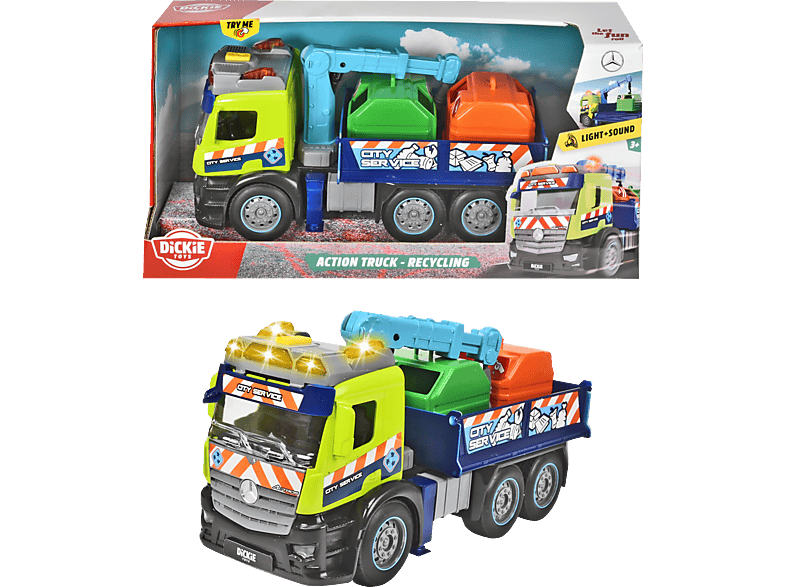 DICKIE-TOYS Mercedes Truck, inkl. Sound Licht Friktion, Container, Spielzeugauto Mehrfarbig & Recycling