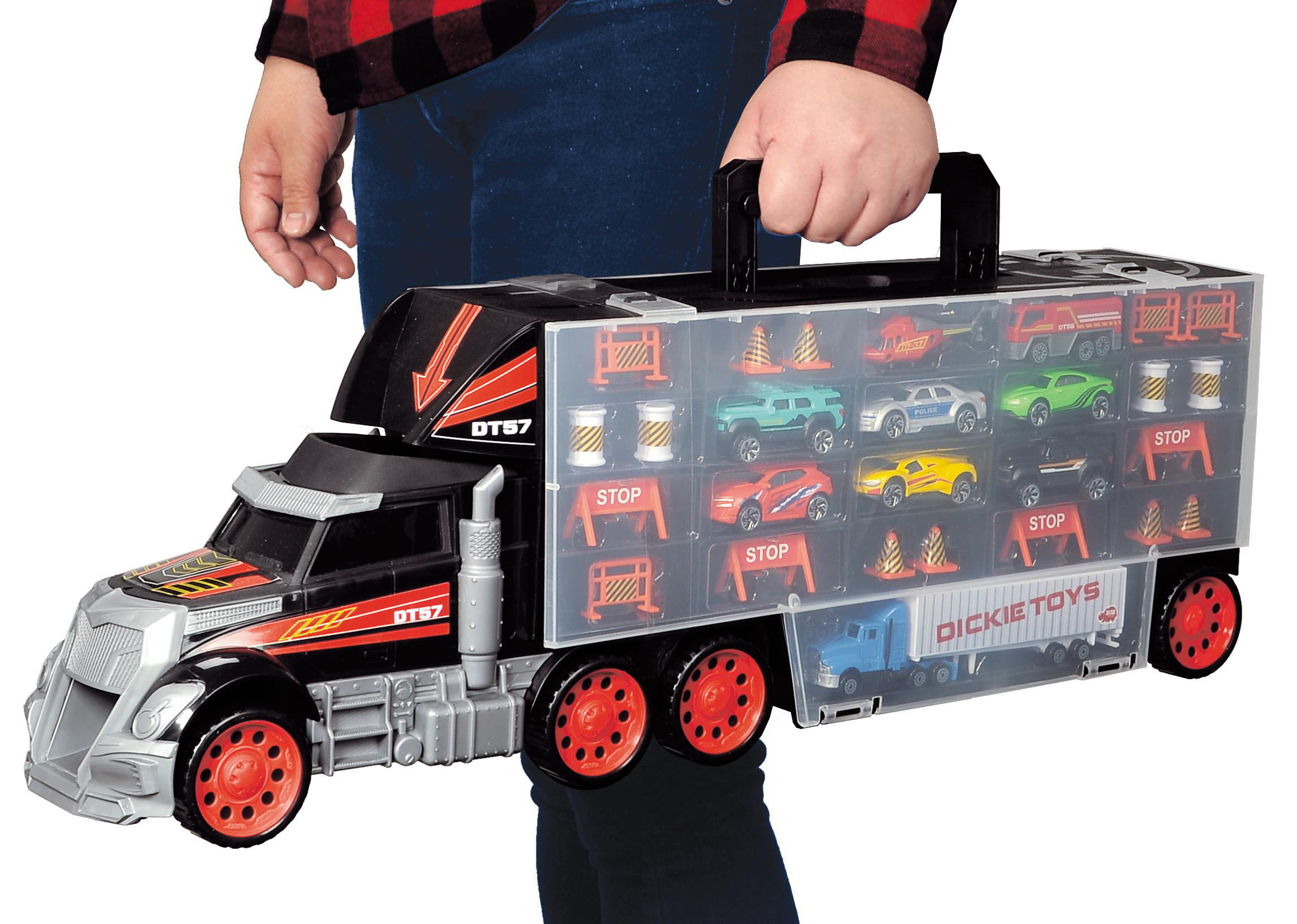 DICKIE-TOYS Truck Carry Case mit Mehrfarbig inklusive Zubehör Spielset 7 & Tragegriff, und Helikopter Spielzeugautos