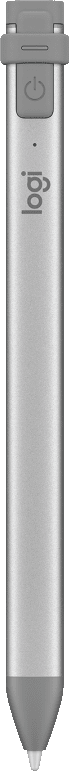 Stylet Logitech. Design argenté et élégant. Le dessus a un bouton et un symbole d'alimentation.
