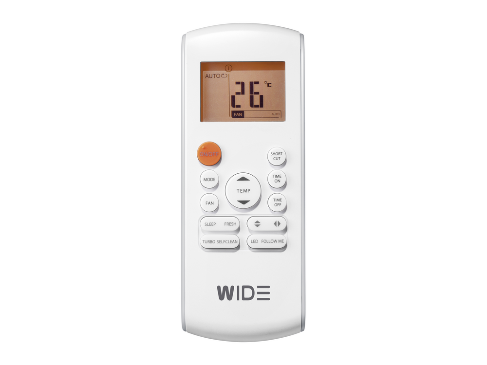 Mando a distancia blanco con botones y una pantalla.