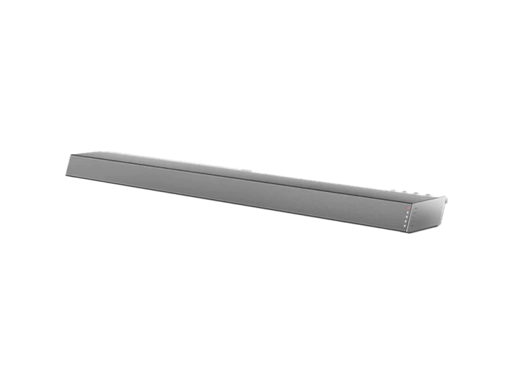 Barra de sonido larga y plateada sobre fondo blanco. Forma rectangular.