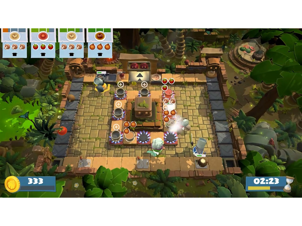 Jugabilidad de Overcooked 2: vista cenital de una escena de cocina.