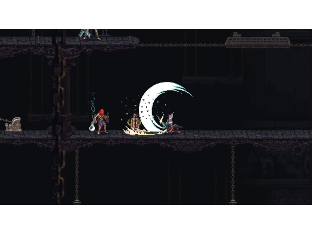 Escena de videojuego con personajes pixelados luchando en una plataforma. Un personaje usa un ataque de media luna.