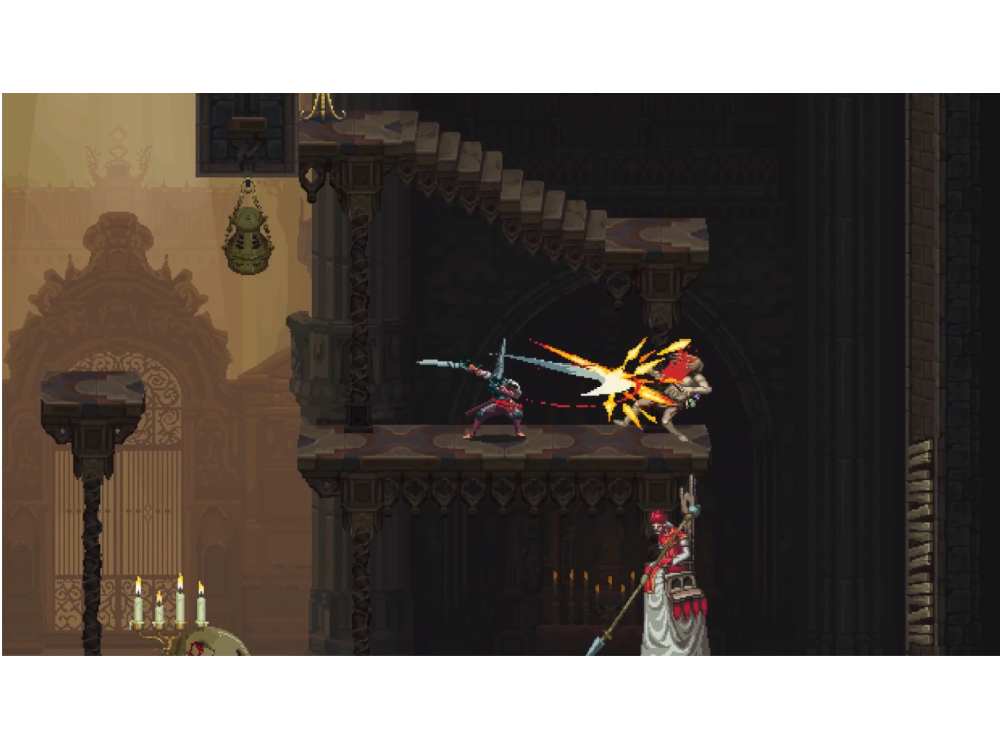 Una escena de videojuego pixelada con un guerrero luchando contra un monstruo con una espada.