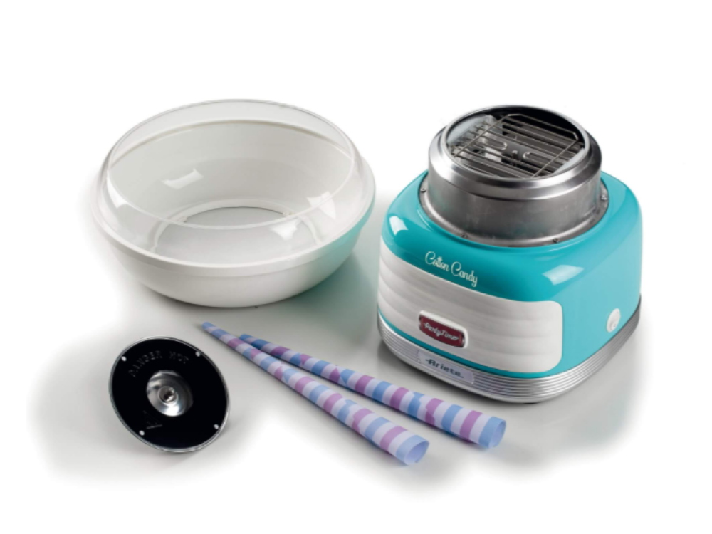 Máquina de algodón de azúcar con colores azul y blanco y accesorios.