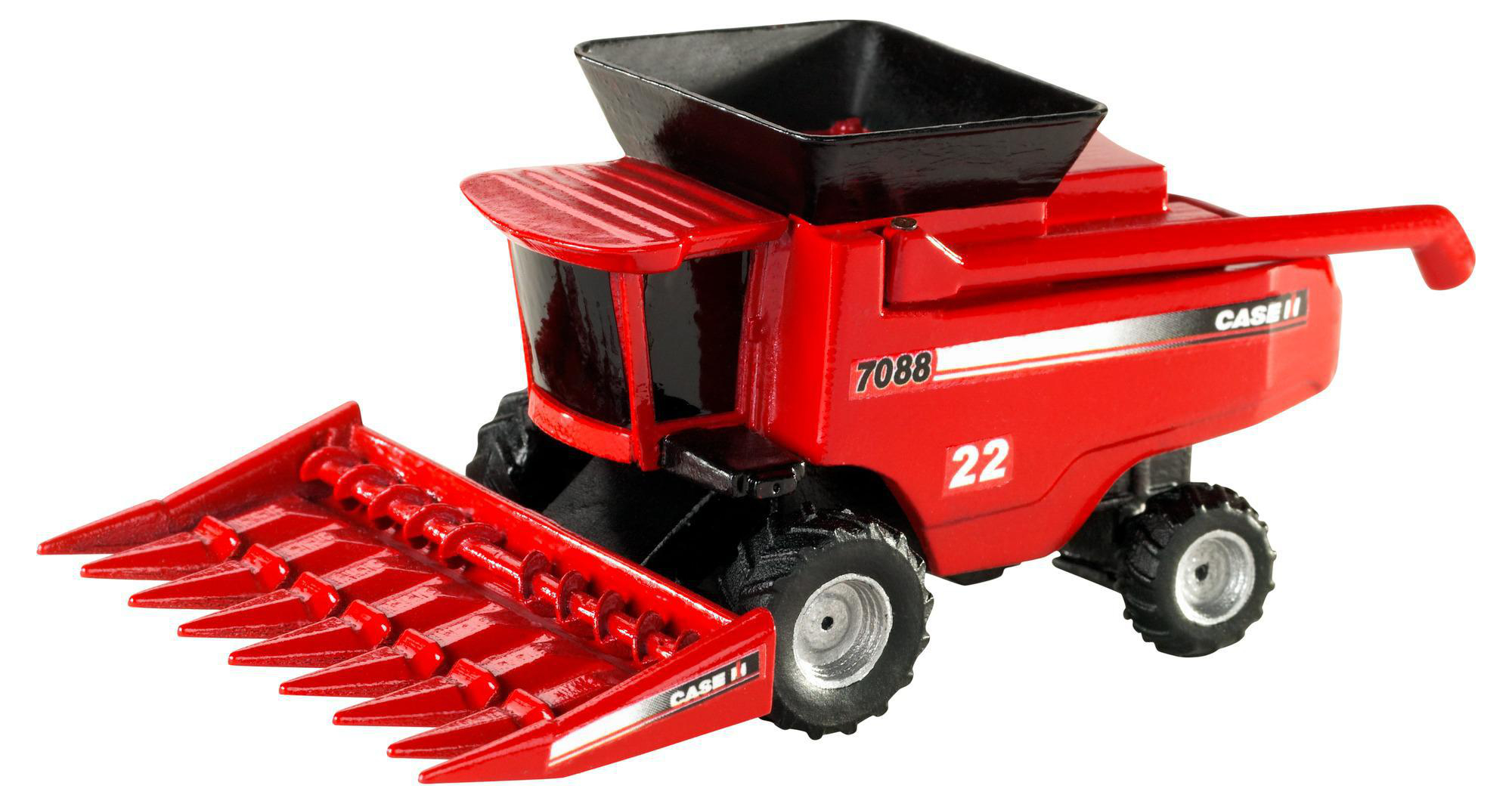 Ein rotes Case IH Mähdrescher-Spielzeug vor weißem Hintergrund, schräge Ansicht.