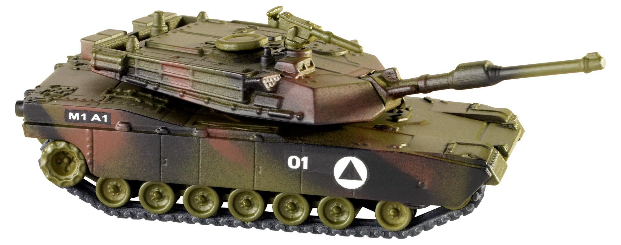 Ein Spielzeugpanzer, olivgrün mit brauner Tarnung, hat einen langen Kanonenlauf und Ketten auf weißem Hintergrund.