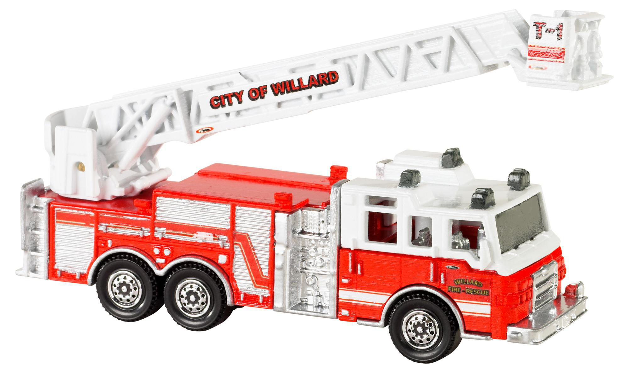 Roter und weißer Spielzeug-Feuerwehrwagen mit ausgefahrener Leiter, die Worte 'CITY OF WILLARD' sichtbar.