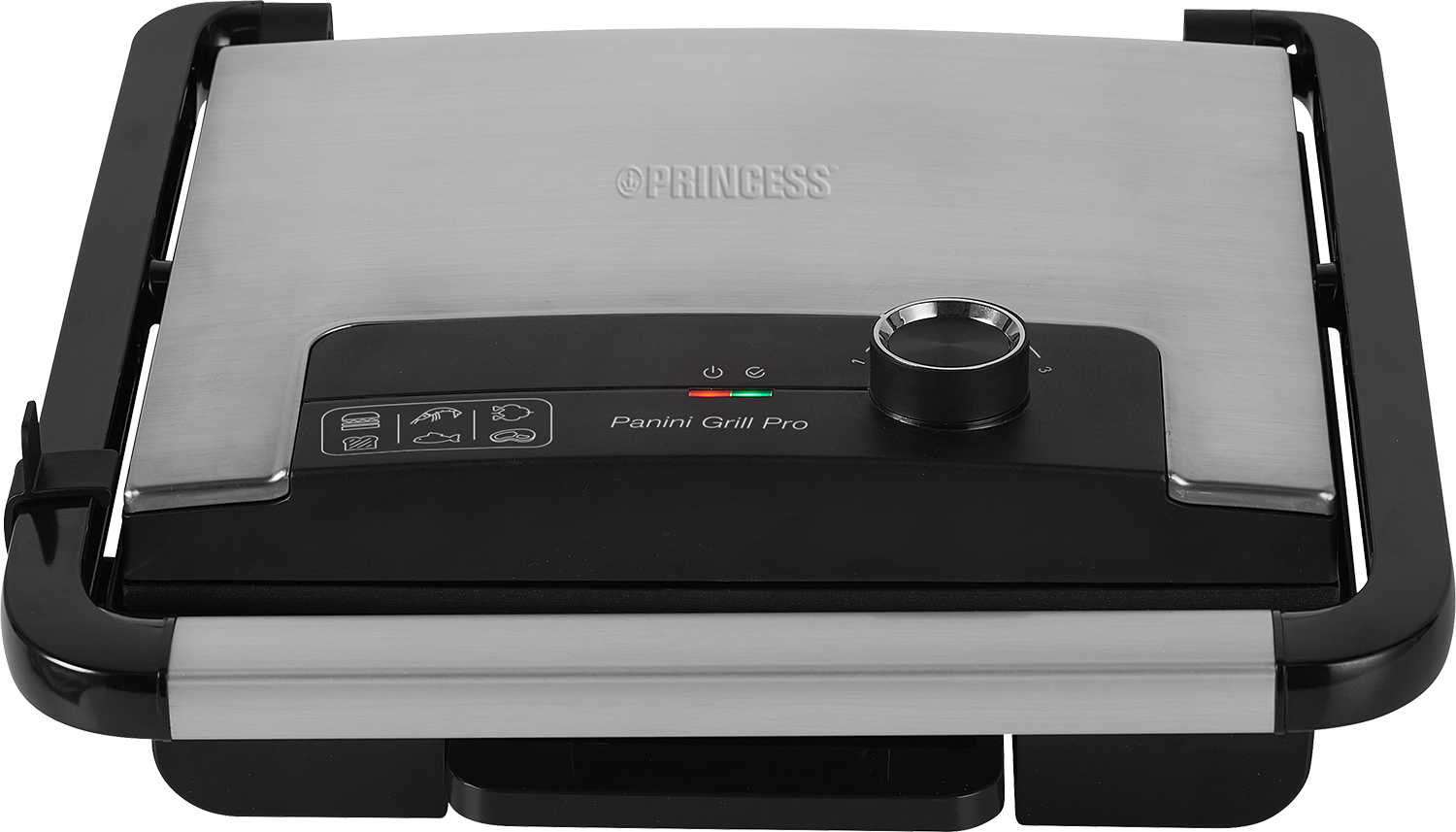 A silver and black panini grill with a knob and buttons on a white background.