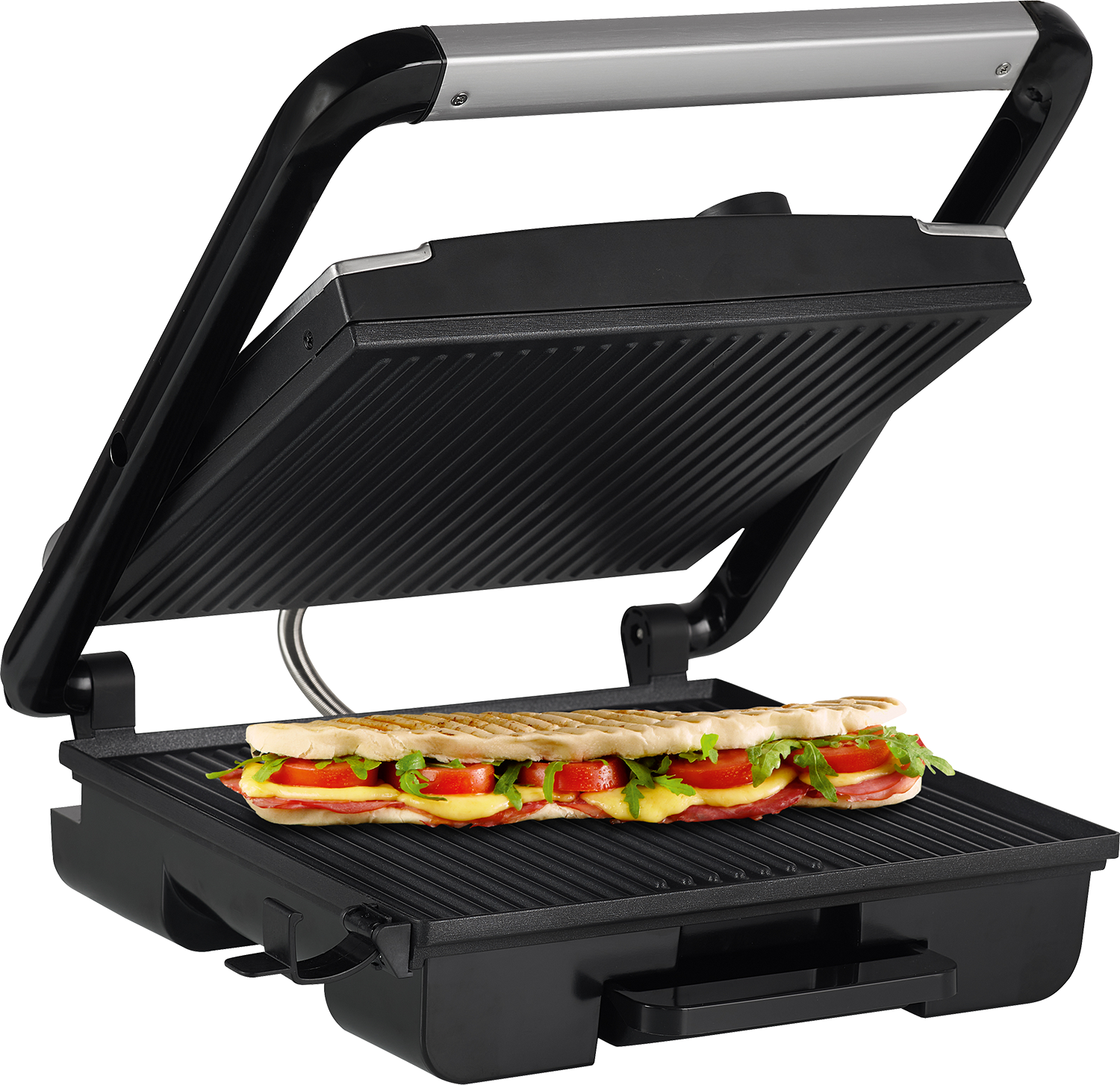 A panini press with a sandwich inside, cheese, tomatoes, and arugula.