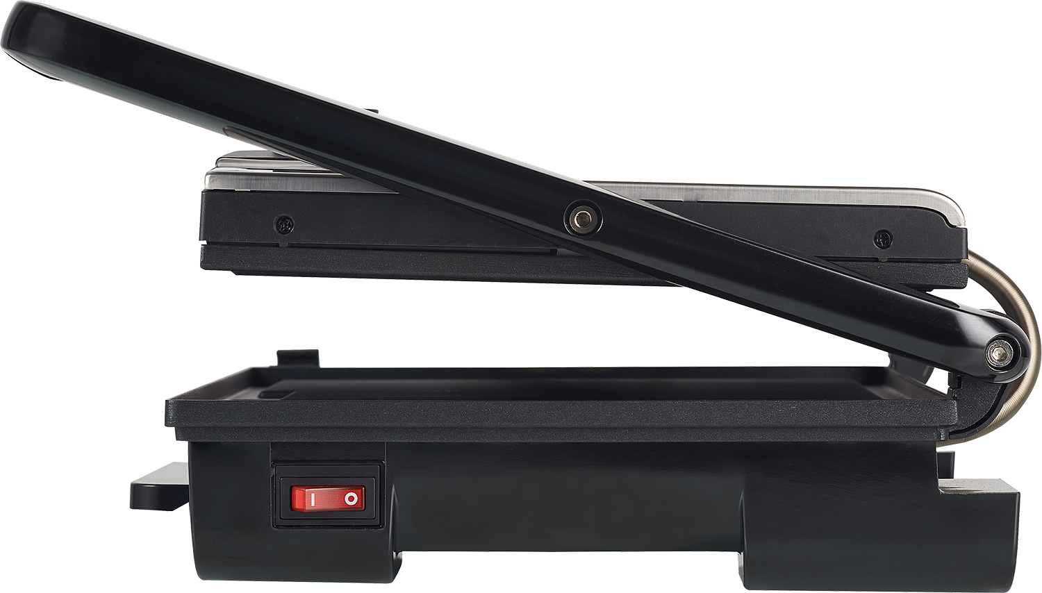 Black and silver panini press, top open. Red power button visible.