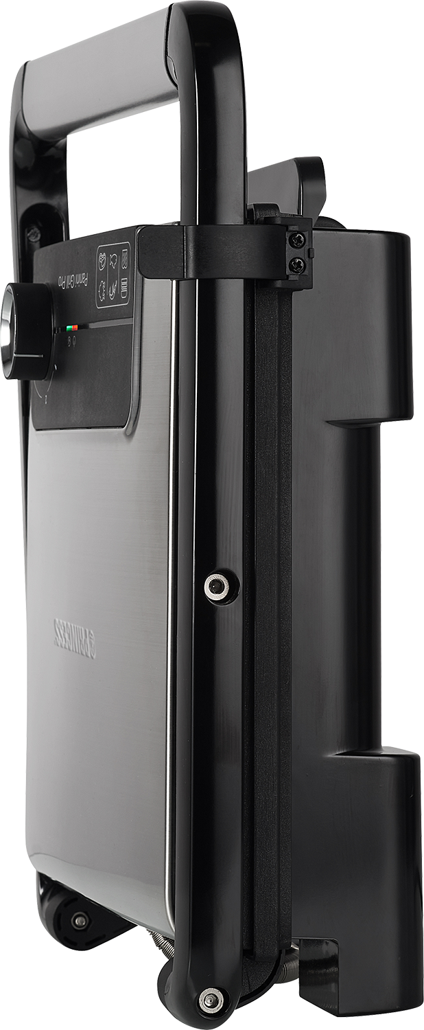 Side view of a closed electric grill, with controls on the top.