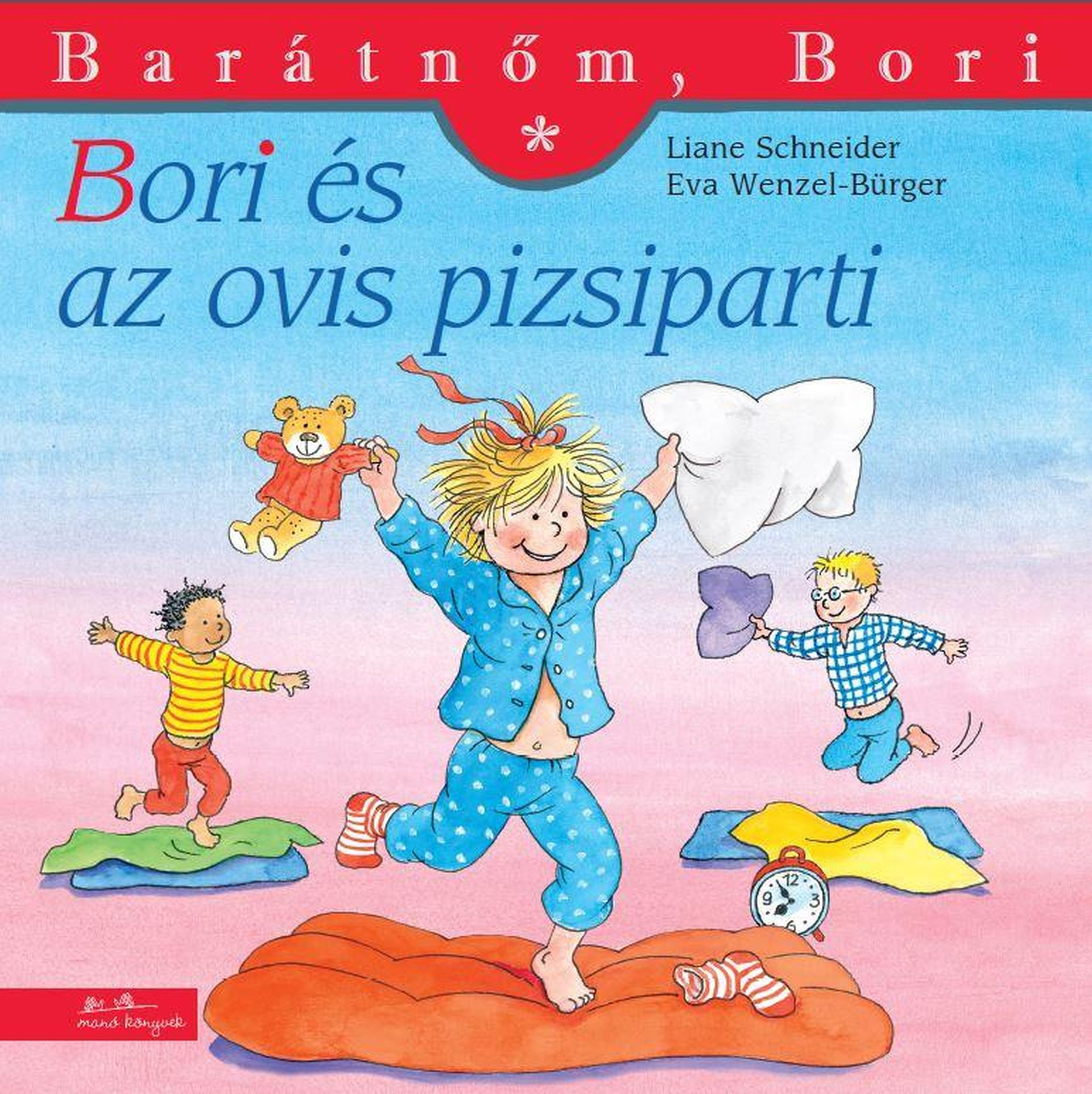 Gyermekkönyv borítója, egy pizsamás kislány ugrál, más gyerekekkel.