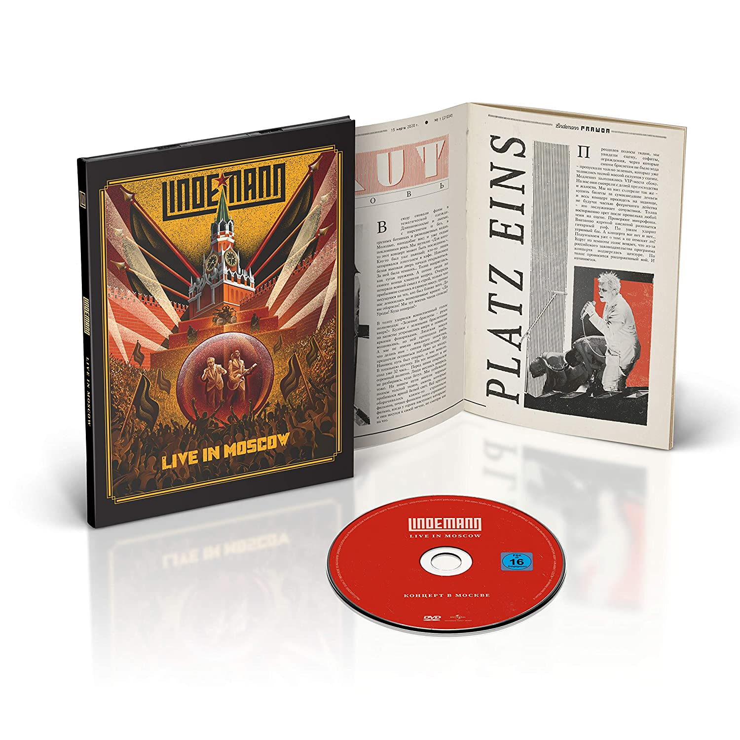 Lindemann Live in Moscow DVD-szett könyvvel és koronggal. Piros háttér, Kreml motívum.