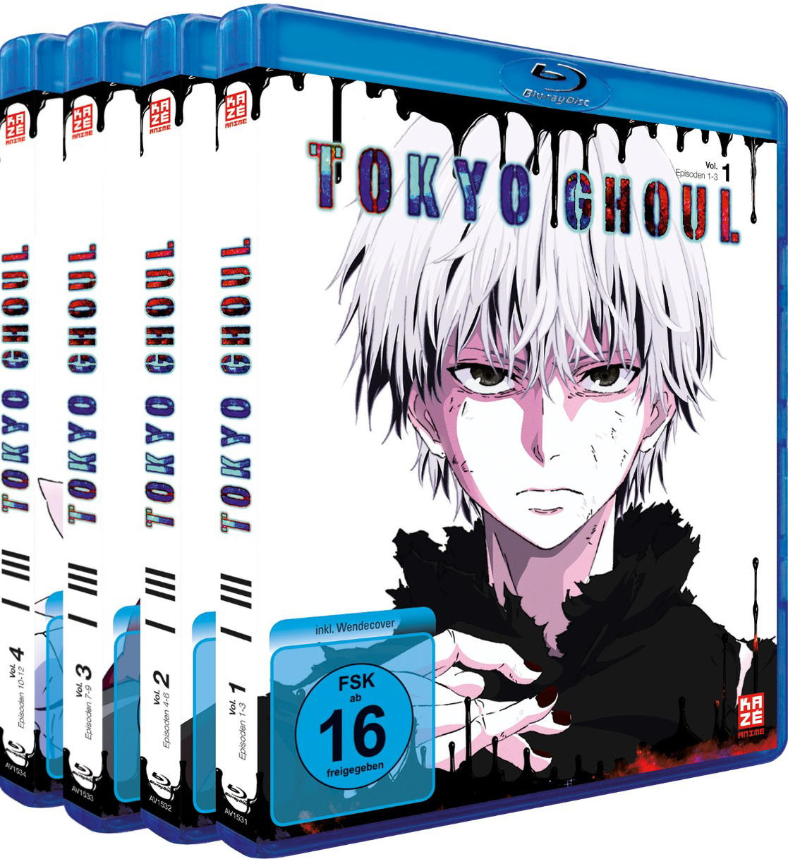 Tokyo Ghoul Anime-Box-Set: vier Blu-ray-Discs mit Charakterkunst.