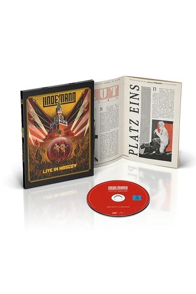 Lindemann Live in Moscow DVD-doboz nyitott könyvvel és piros lemezzel.