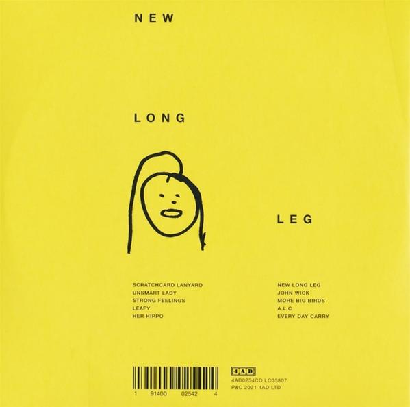 Gelbes Albumcover, 'New Long Leg' mit einer Zeichnung.