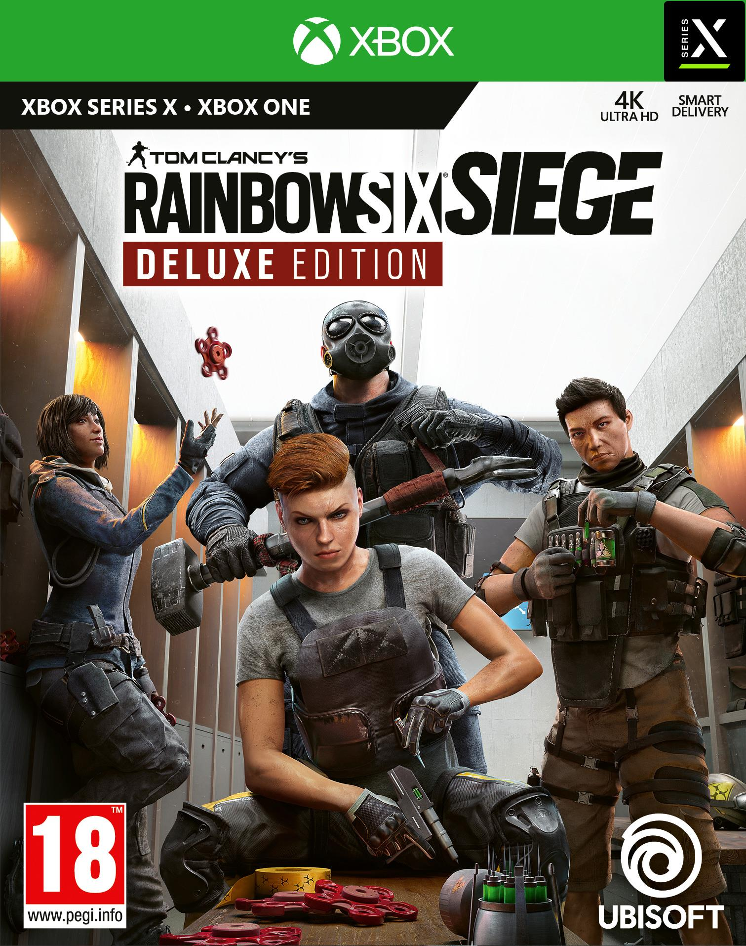 Rainbow Six Siege Deluxe Edition game cover. Groep personages in een interieur.