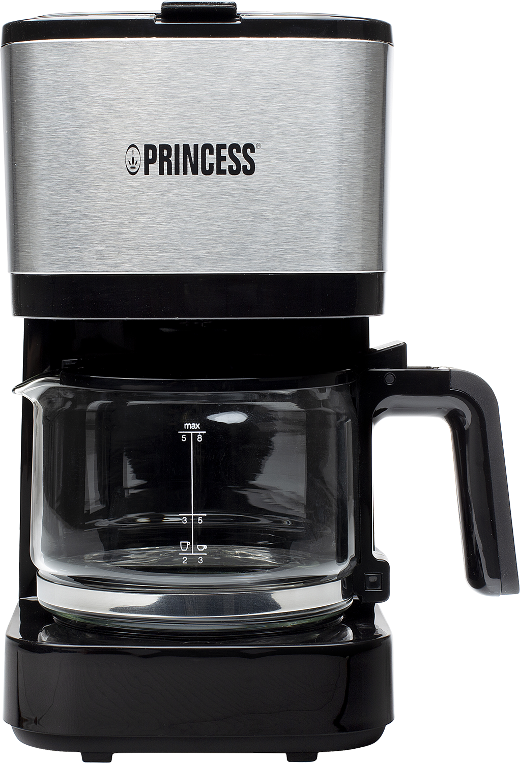 Roestvrijstalen en zwarte koffiezetter met een glazen kan. De merknaam is Princess.