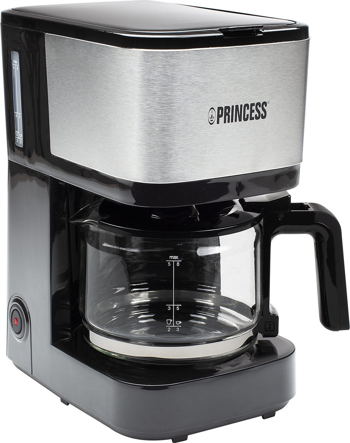 Een zwart-zilveren Princess koffiezetapparaat met een glazen kan.