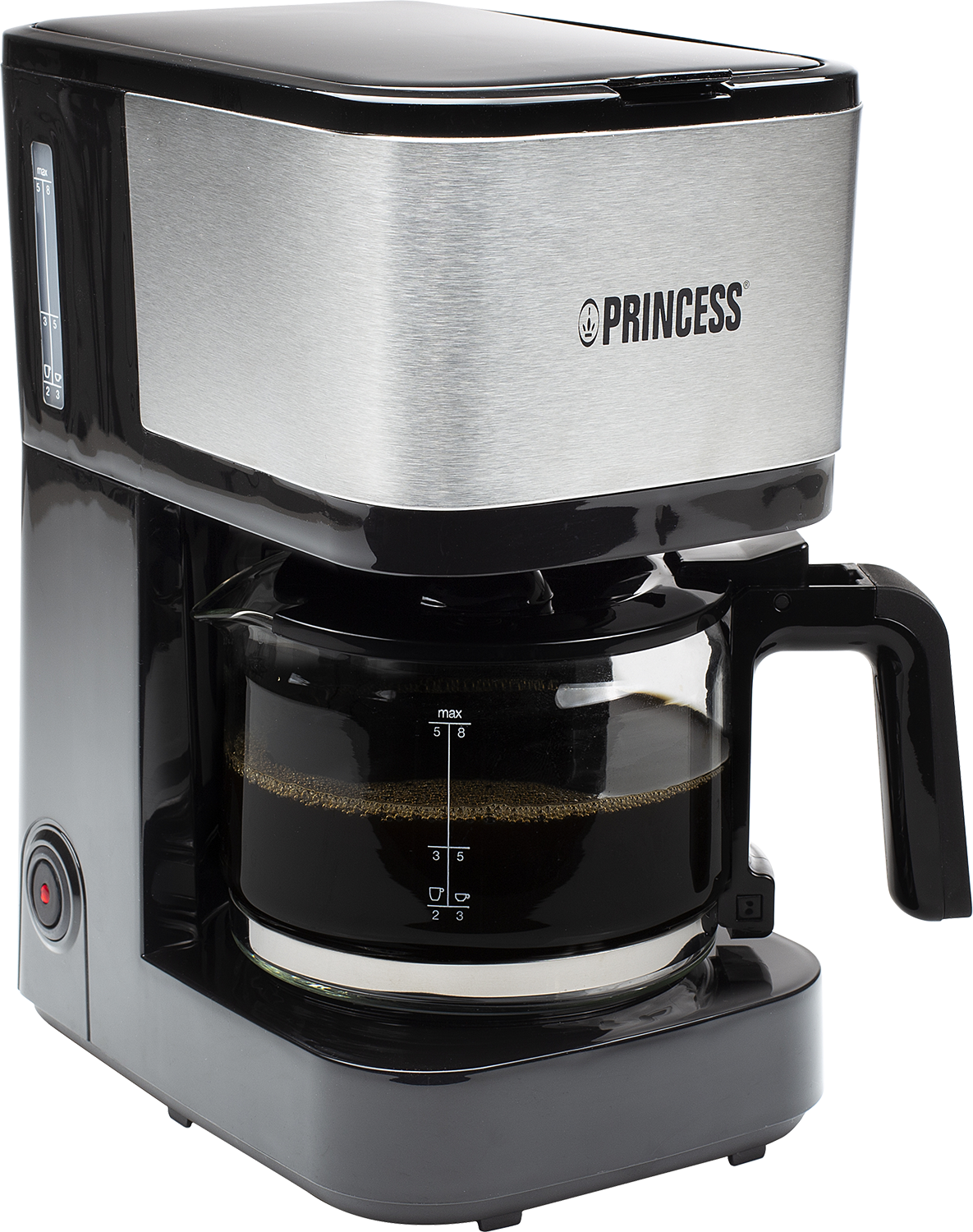 Een zwart-zilveren Princess koffiezetapparaat met een glazen kan gevuld met koffie.