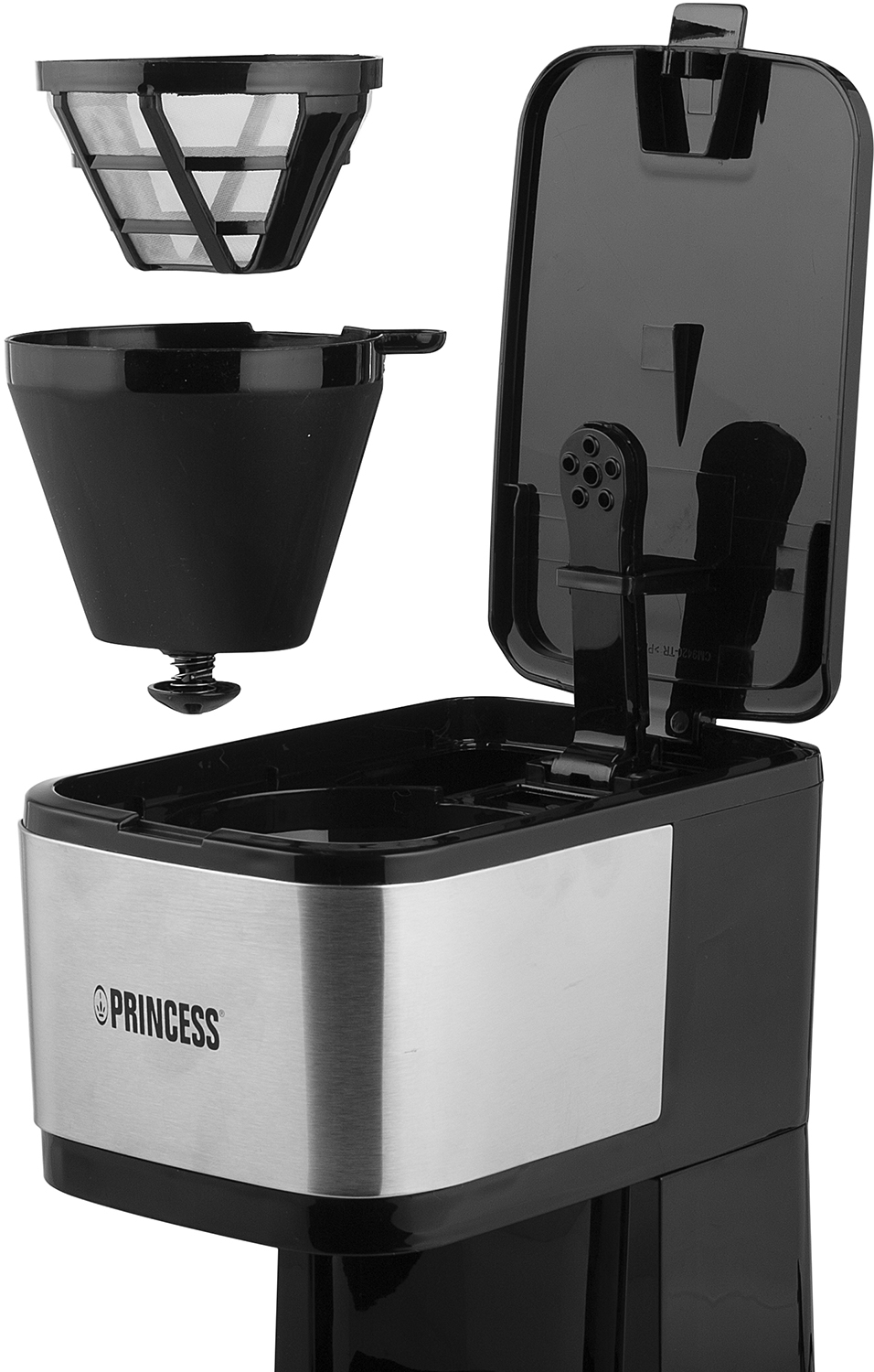 Onderdelen van een koffiezetapparaat: filterhouder, filter en de zwarte behuizing met een zilveren voorkant.
