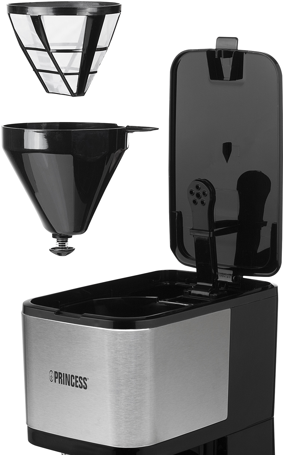 Een koffiezetapparaat met filter en componenten.