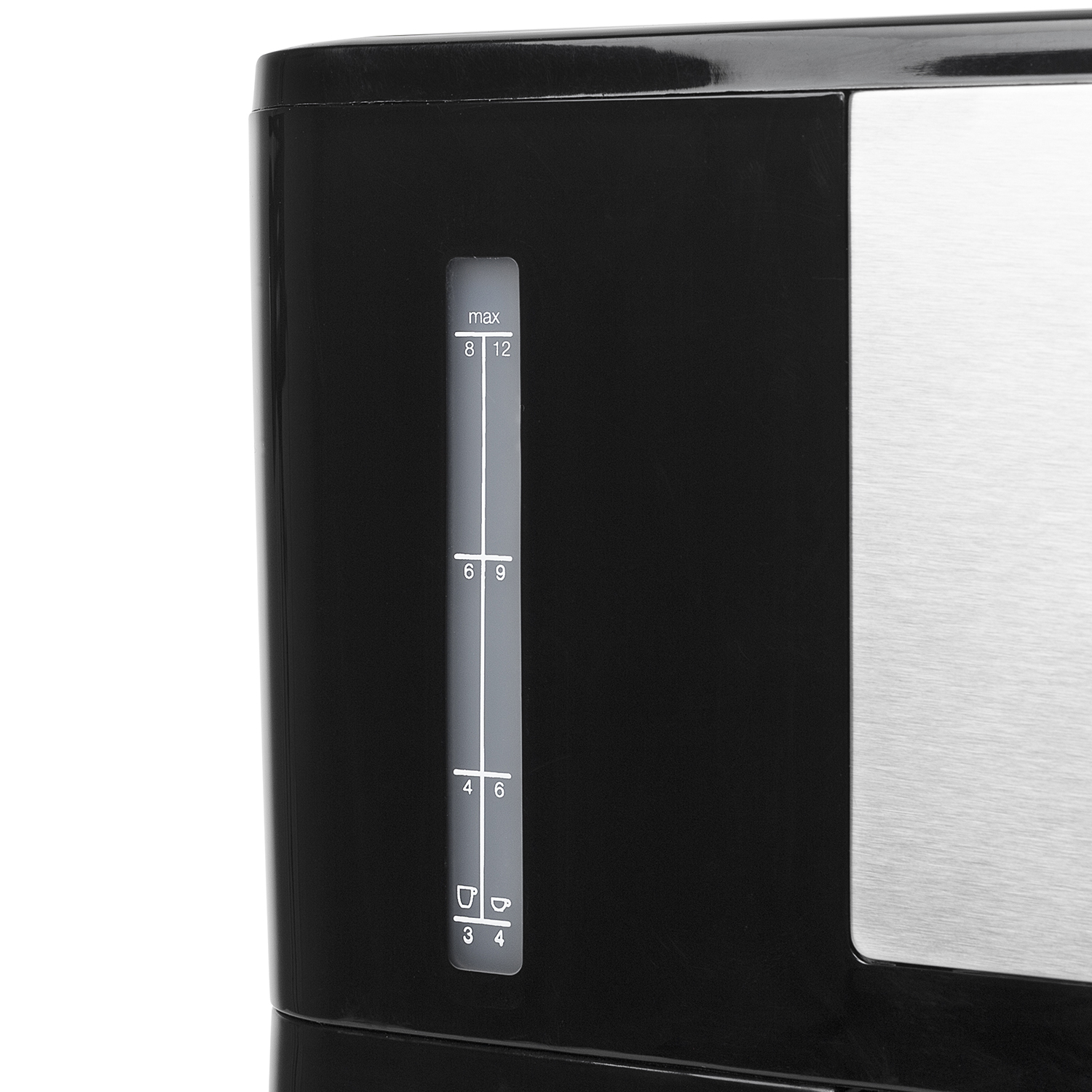 Close-up van een zwart-grijze koffiezetter met een waterniveau-indicator.