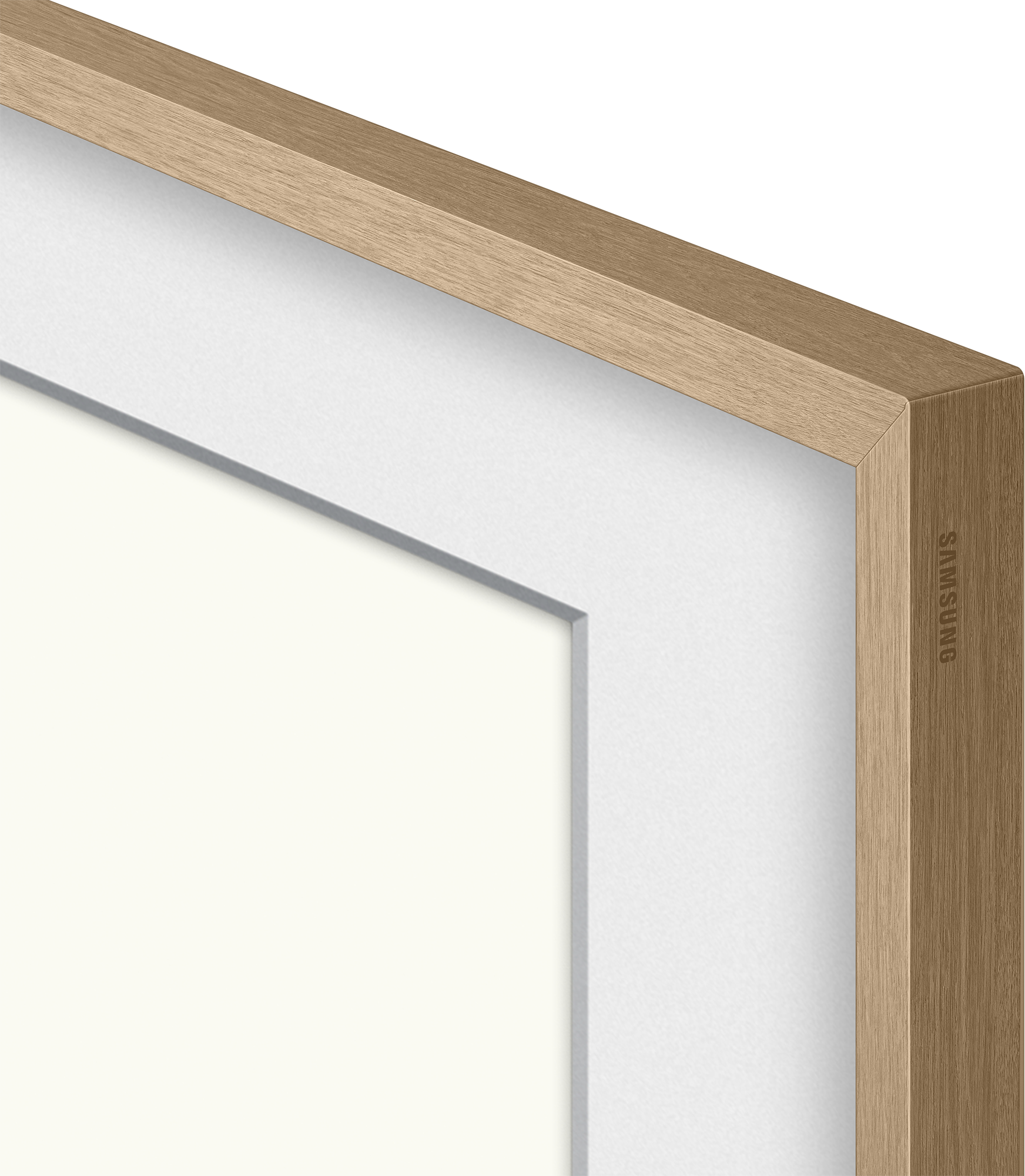 Primo piano dell'angolo della cornice TV, texture legno, cornice interna bianca, sfondo nero.