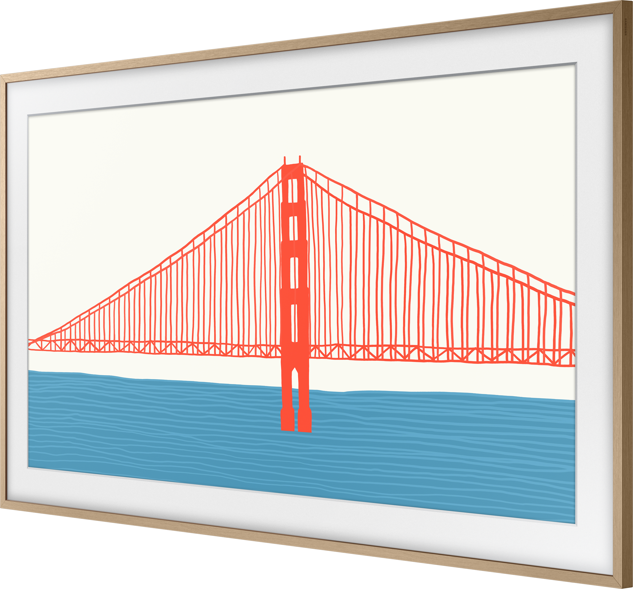 Opera d'arte del Golden Gate Bridge in una cornice. Ponte rosso, acqua blu e sfondo bianco.