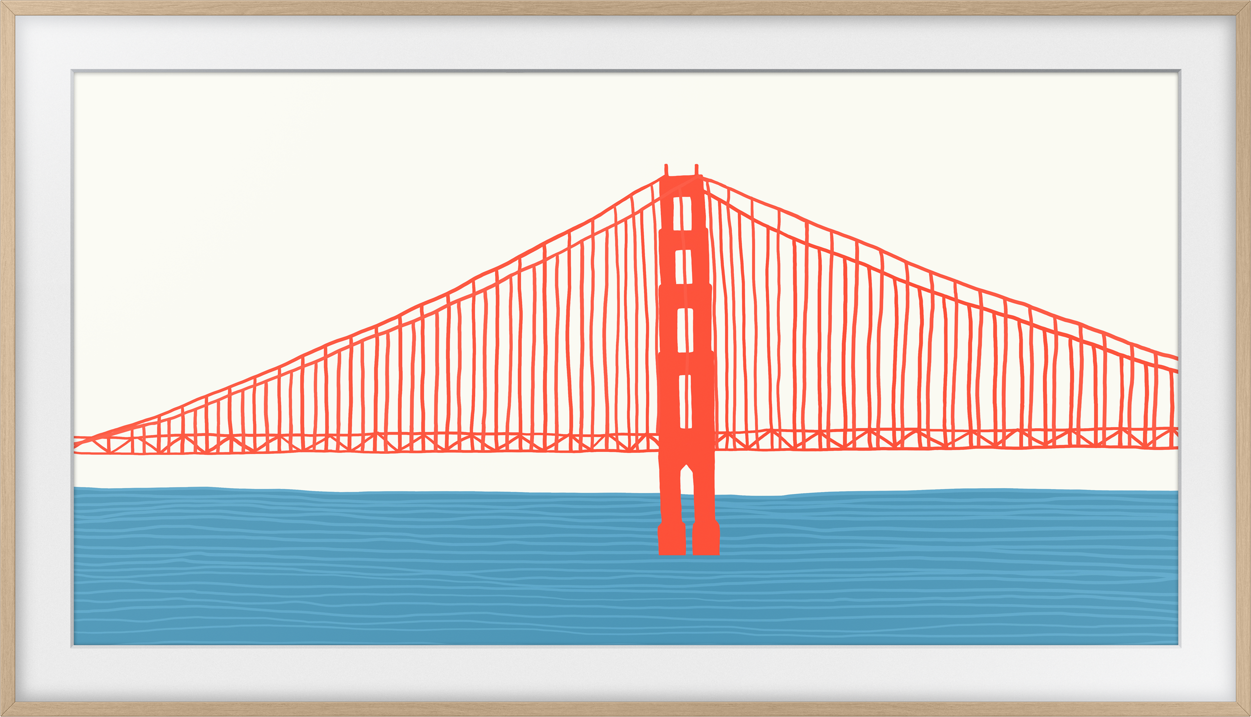 Una vista illustrata e incorniciata del Golden Gate Bridge con uno sfondo di acqua blu.