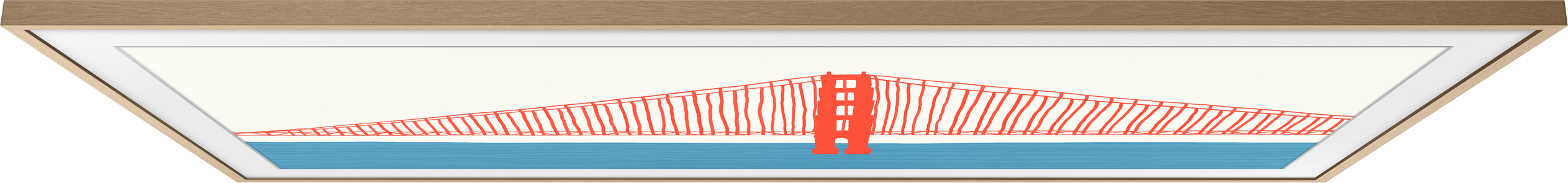 Un'immagine incorniciata del Golden Gate Bridge, in rosso, con acqua e cielo blu.