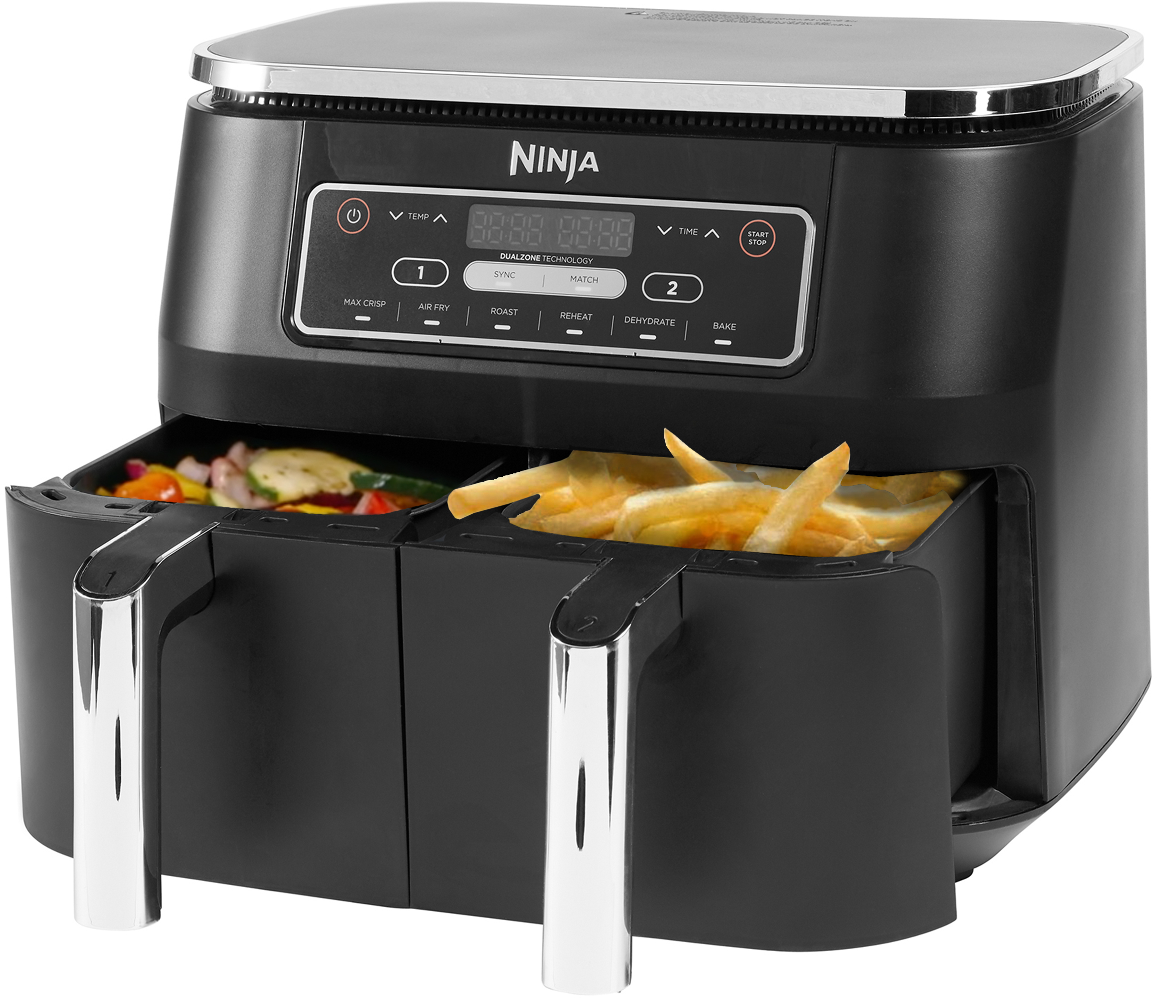 Zwarte Ninja airfryer met twee compartimenten. Eén met groenten, de andere met friet. Zilveren handvatten en knoppen.