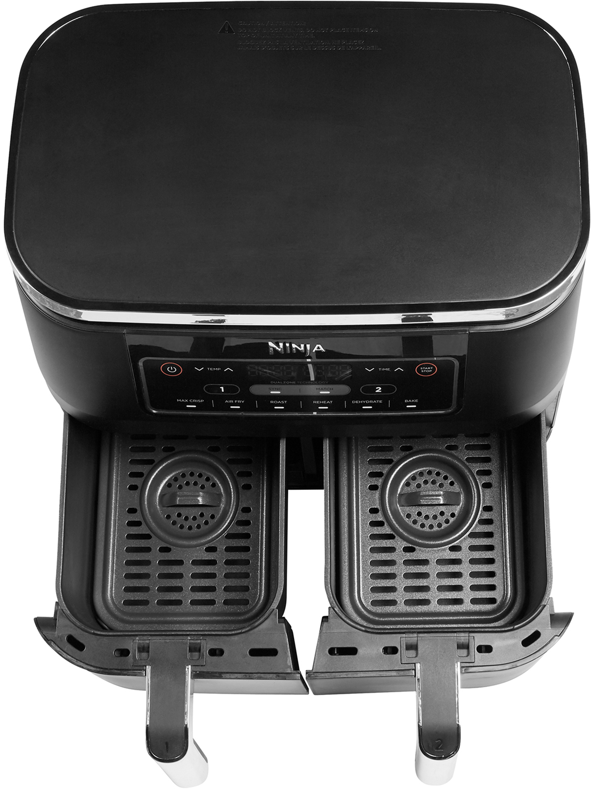 Een zwarte Ninja airfryer met twee manden en een bedieningspaneel.