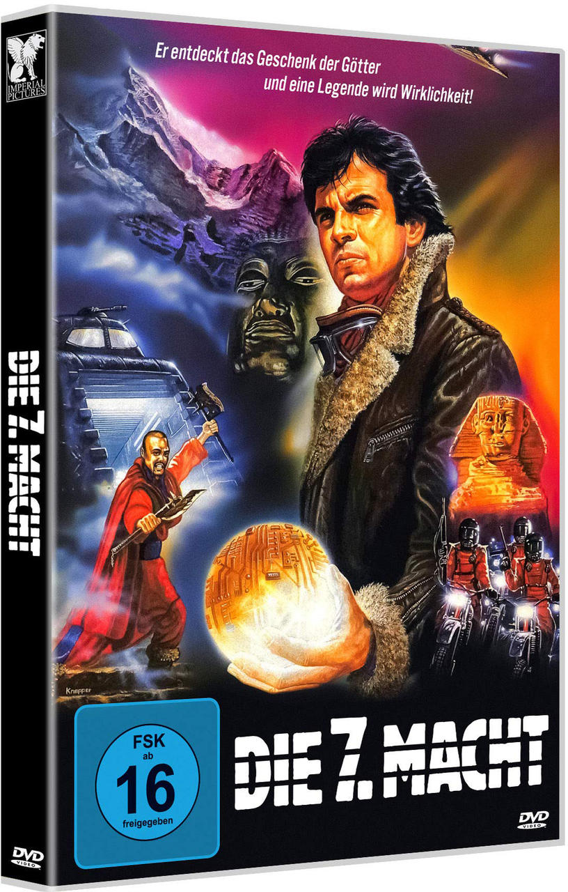 DVD-Hülle, Film Die 7. Macht. Mann auf dem Cover, Actionszene. Dunkler Hintergrund mit Text.