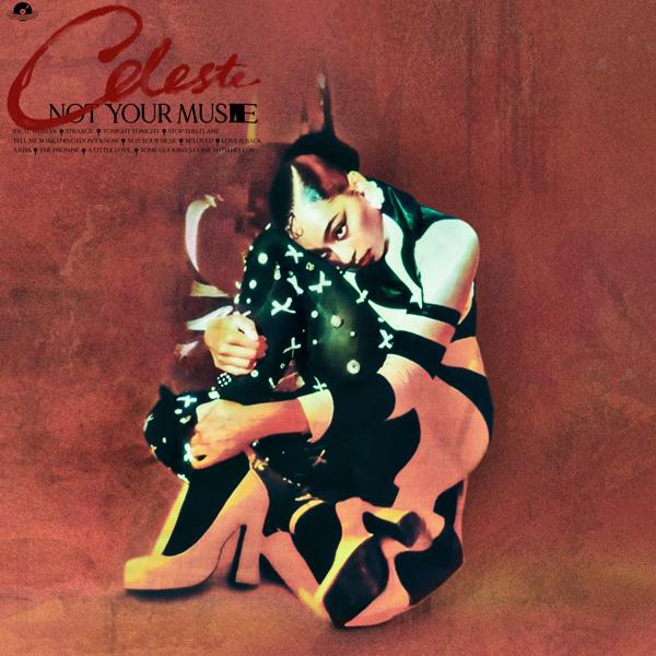 Albumcover mit einer Frau in einem schwarz-weiß gemusterten Outfit, roter Hintergrund. Titel: 'Not Your Muse'.