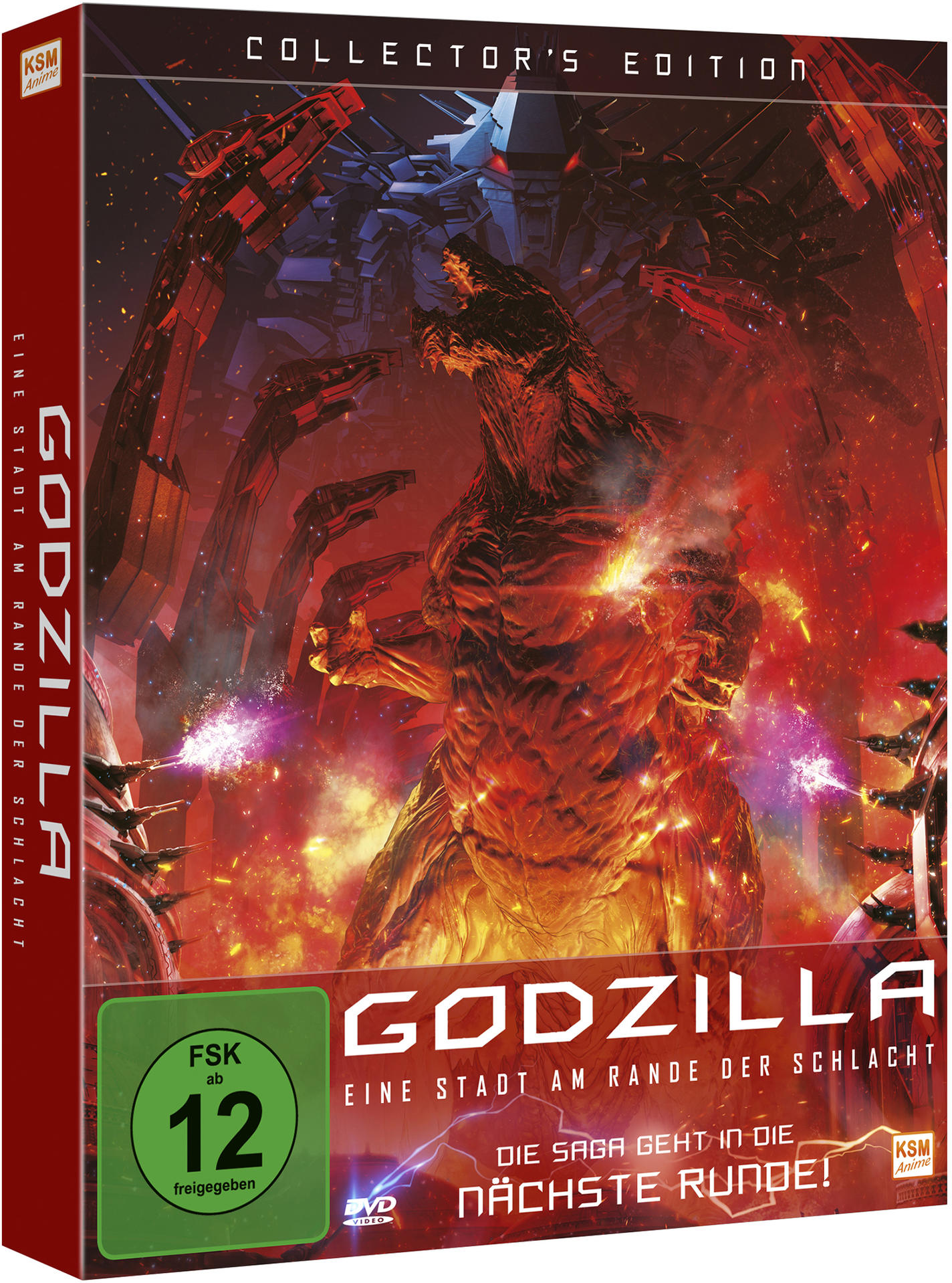Godzilla DVD-Box-Art, rot-orangenes Farbschema, mit Monster- und Stadtbild.