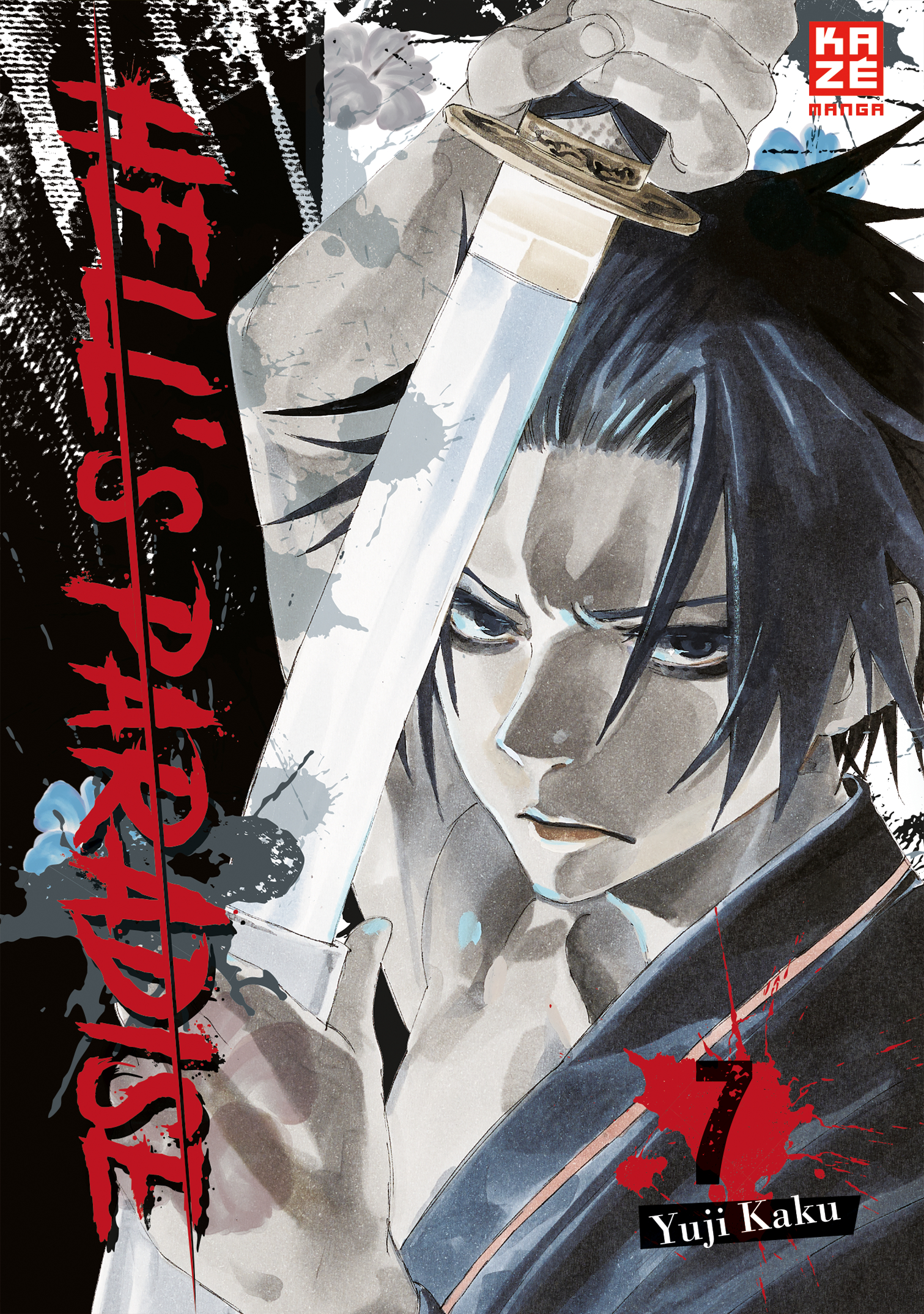 Anime-Manga-Cover, Mann hält Katana, roter Text.