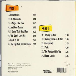 Rückseite der CD mit Titelliste. Schwarzer Text auf weißem Hintergrund. Grand monom-Label.