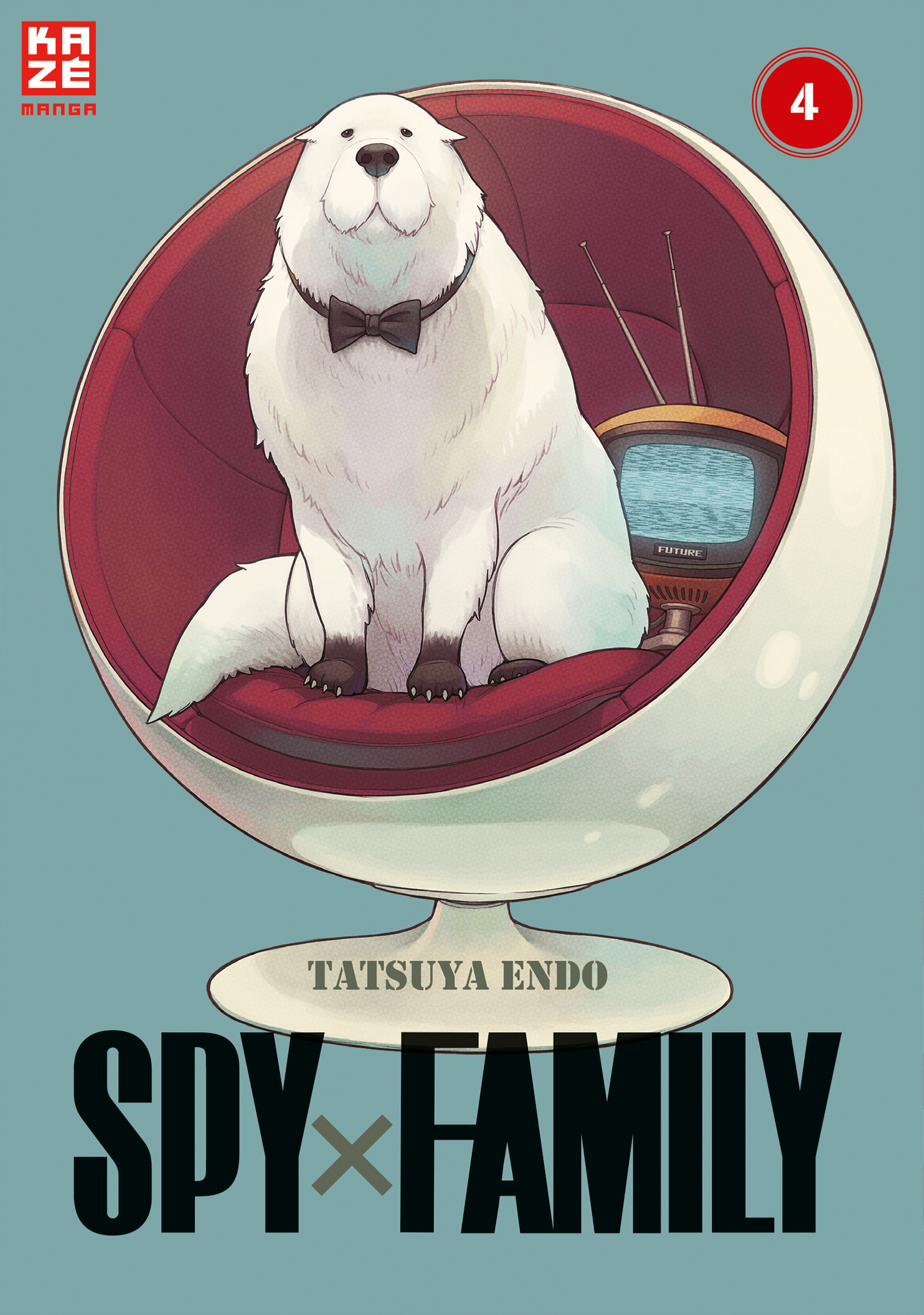 Spy x Family Manga-Cover. Ein Hund mit Fliege sitzt in einem Retro-Sessel, mit einem kleinen Fernseher im Hintergrund.
