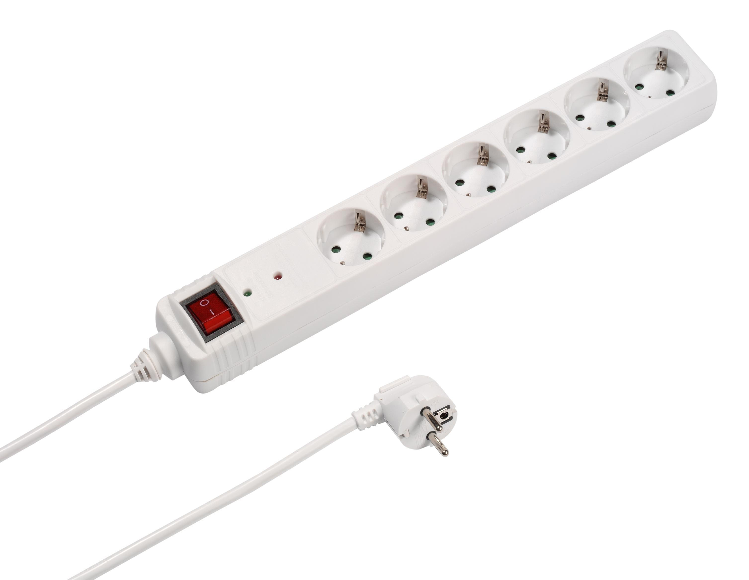 Weiße Steckdosenleiste mit sechs Steckdosen, einem roten Schalter und einem weißen Kabel mit Stecker.