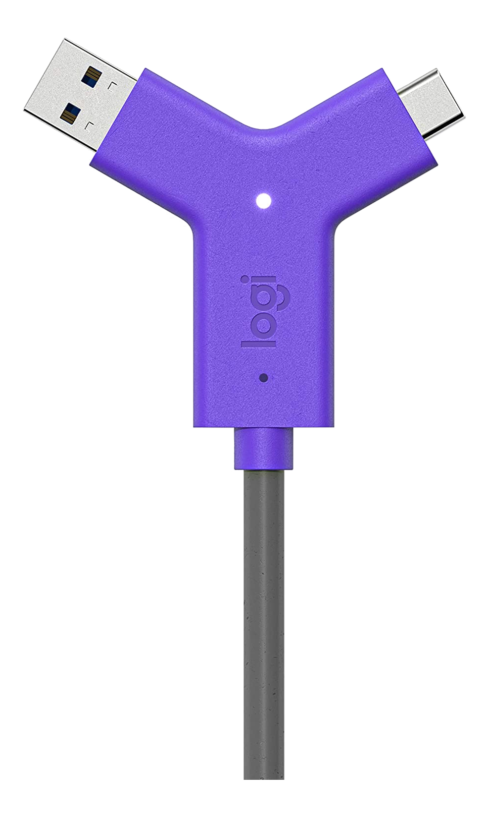 Cavo Logitech USB-C e USB-A a forma di Y. Colore viola. Sfondo nero.
