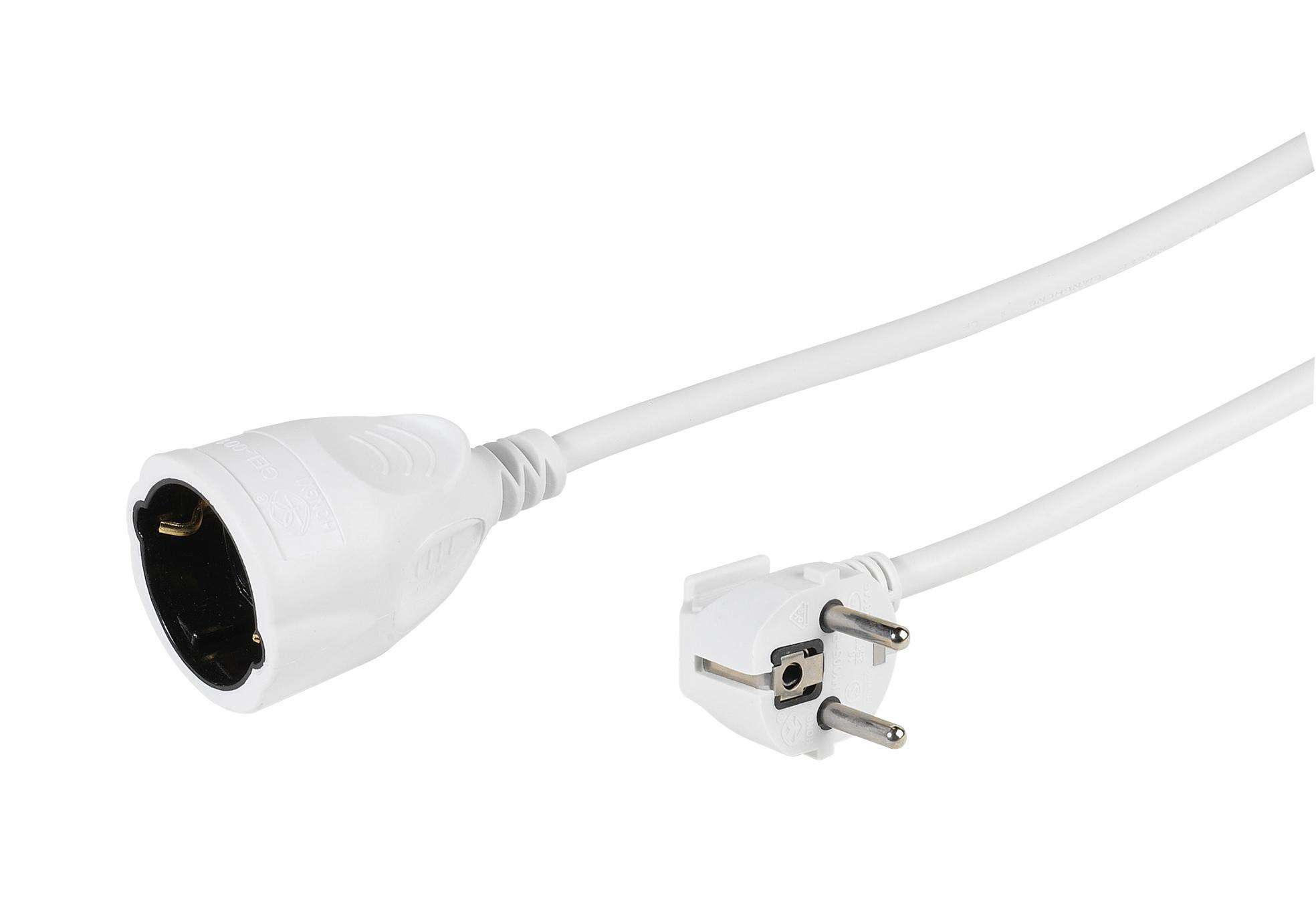 Weißes elektrisches Verlängerungskabel mit Steckdose an einem Ende und Stecker am anderen.