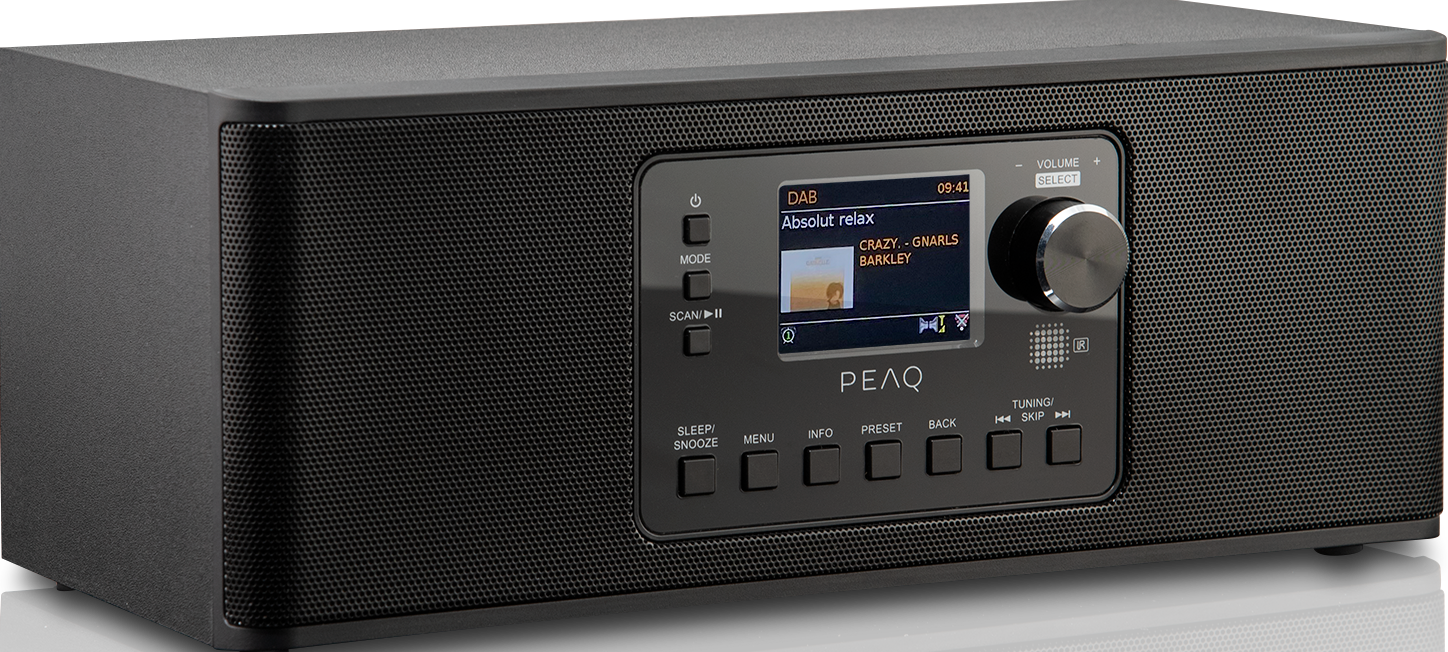 Radio Peaq noire. L'écran affiche l'heure et les infos musicales. Commandes.
